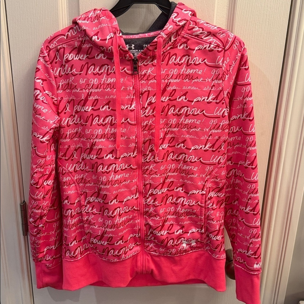 Under Armour Storm Semi Fitted Hoodie Power In Pink Breast Cancer Print Zip Sz S